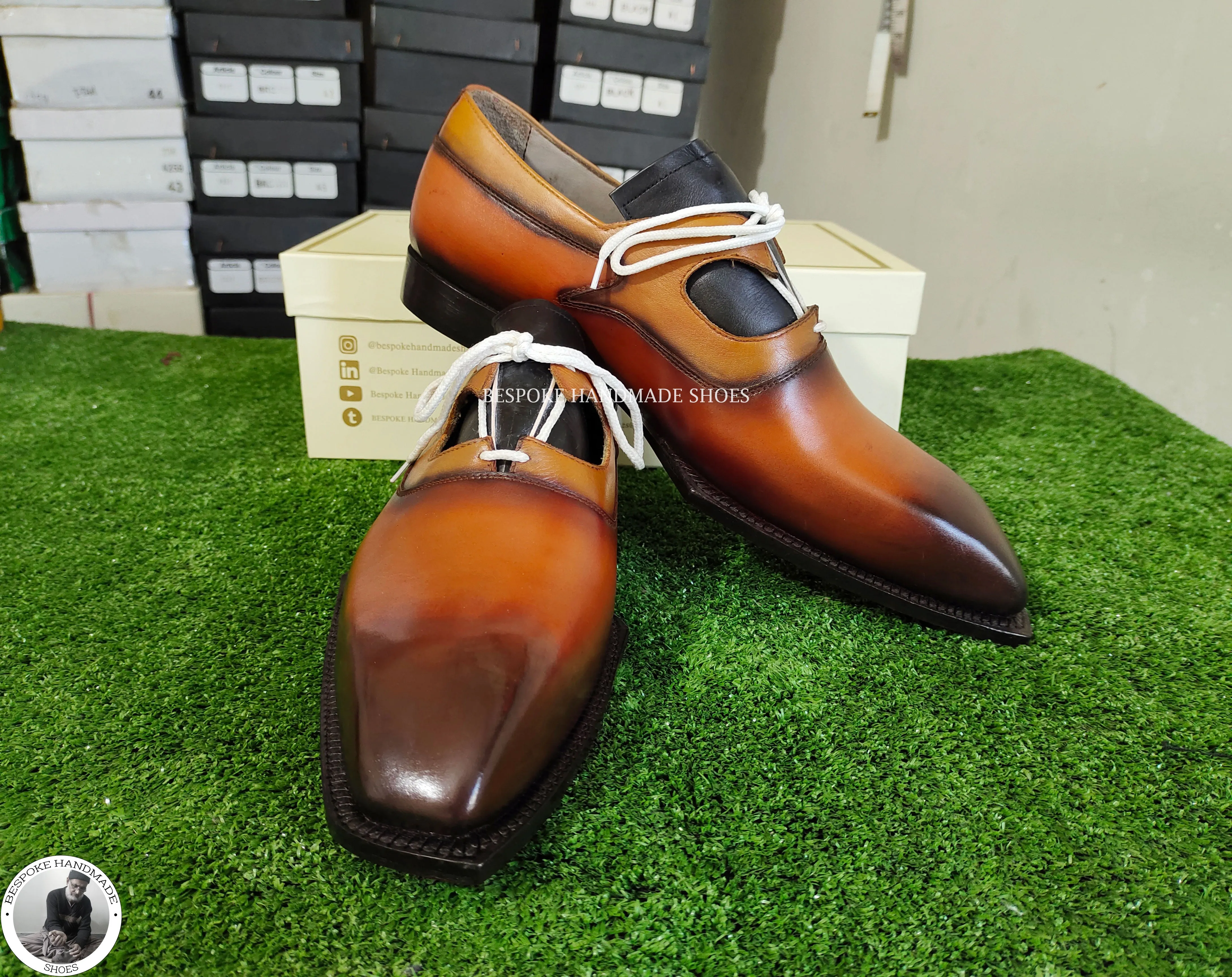 Custom Made Premium Quality Tan Leather Derby Lace up Dress Formal Shoes