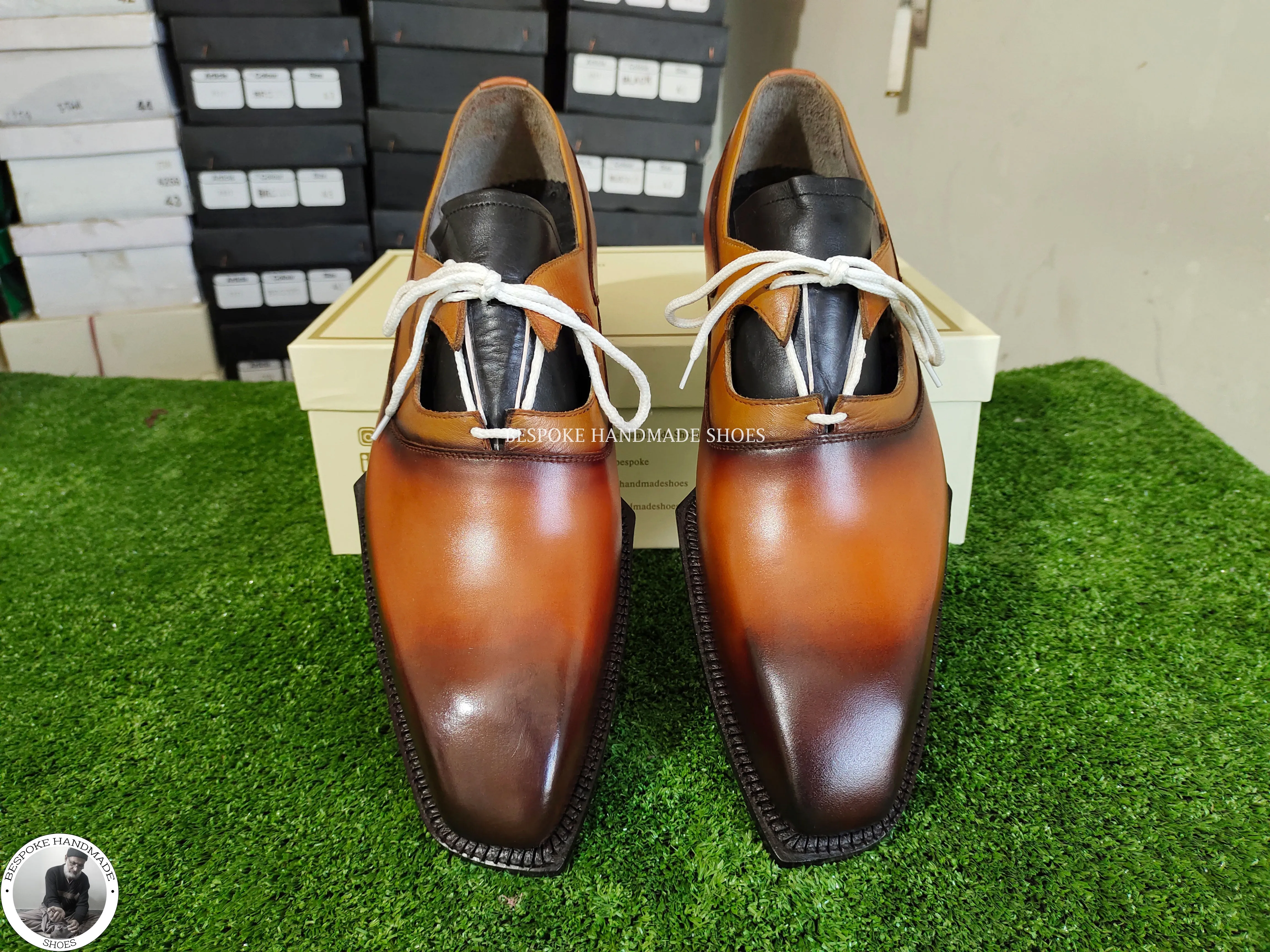 Custom Made Premium Quality Tan Leather Derby Lace up Dress Formal Shoes