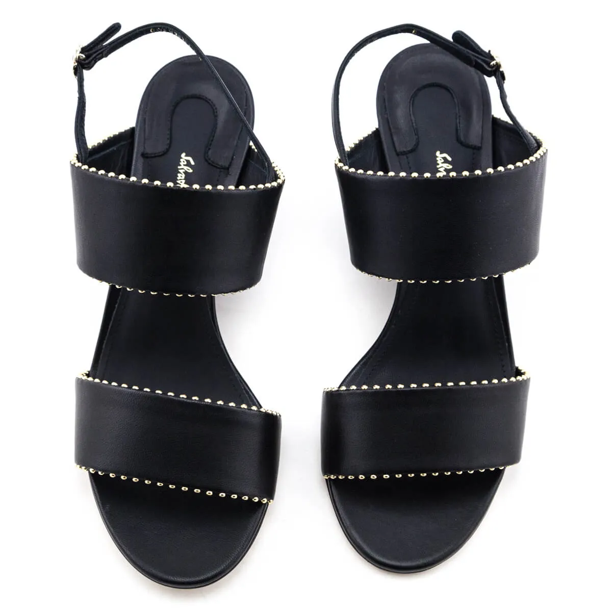 Ferragamo Black Studded Gavi Elongated Flower Block Sandals Size US 7 | IT 37B