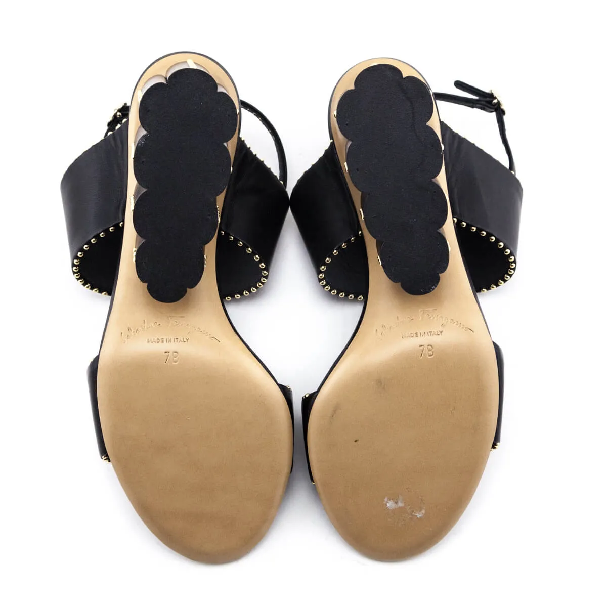 Ferragamo Black Studded Gavi Elongated Flower Block Sandals Size US 7 | IT 37B
