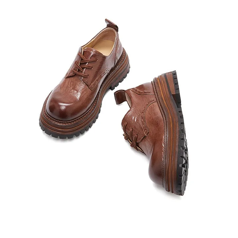 Horse Leather Chunky Oxfords for Women in Brown/Black