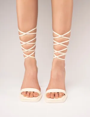 L'amour Ecru Pu Square Toe Lace Up High Heels