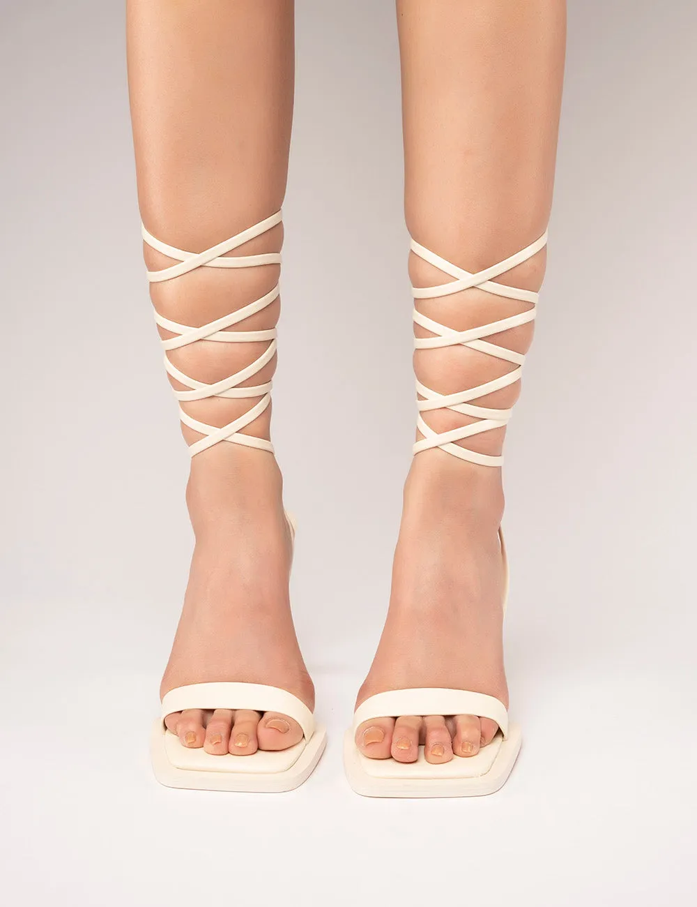 L'amour Ecru Pu Square Toe Lace Up High Heels
