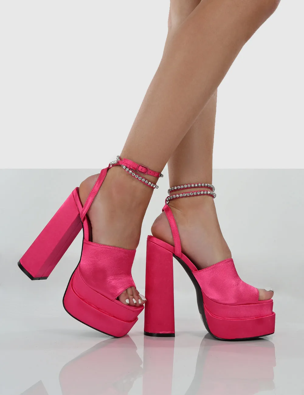 Lilibet Pink Satin Diamante Lace Up Strapping Open Toe Statement Platform Block Heels