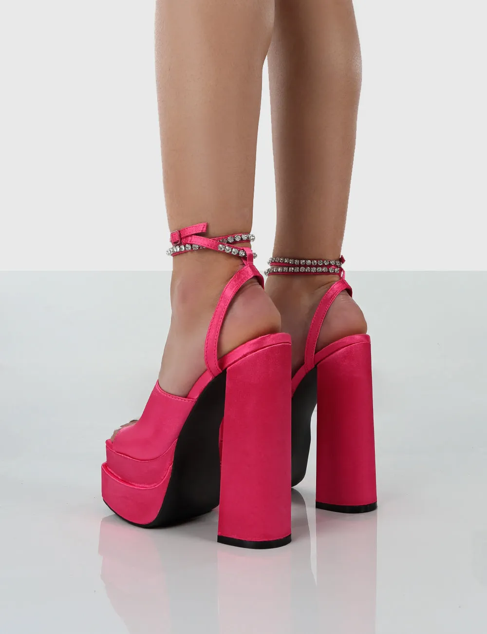 Lilibet Pink Satin Diamante Lace Up Strapping Open Toe Statement Platform Block Heels