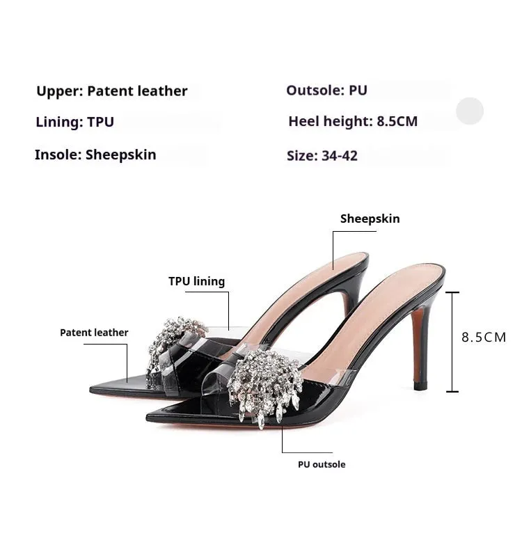 Pointed Rhinestone Flower One-strap Open Toe High Heel Sandals