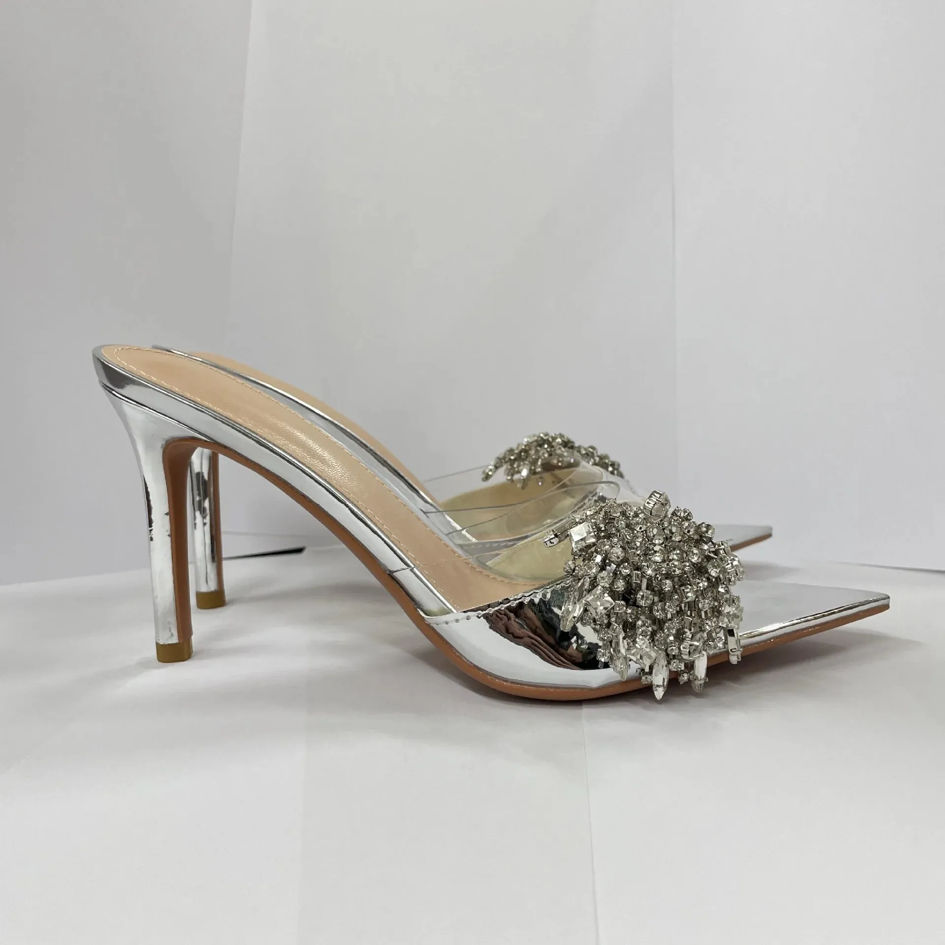 Pointed Rhinestone Flower One-strap Open Toe High Heel Sandals