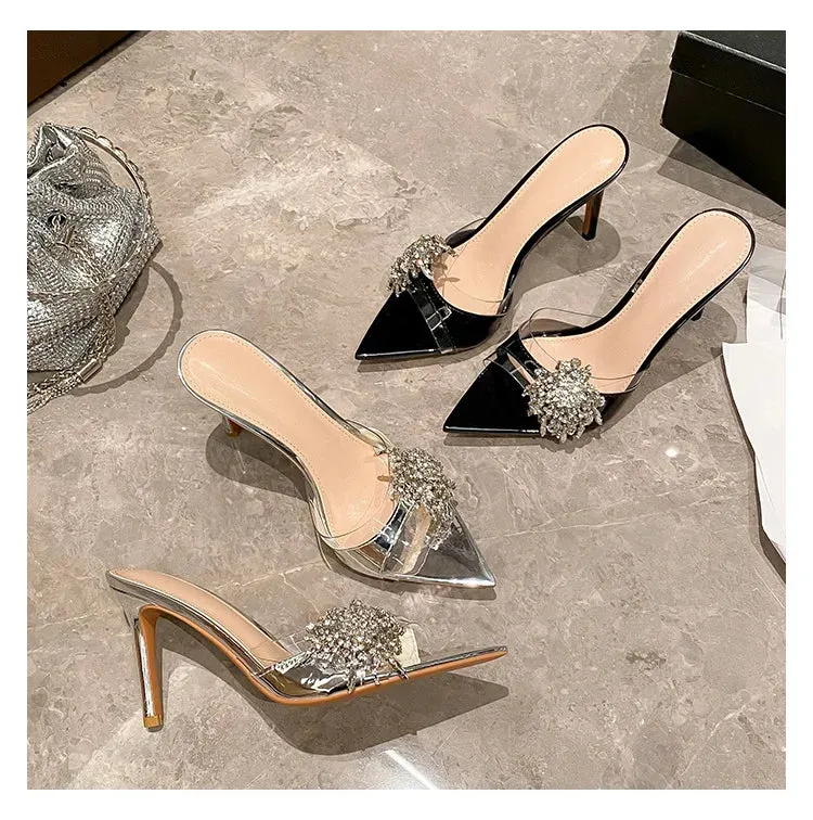 Pointed Rhinestone Flower One-strap Open Toe High Heel Sandals