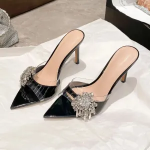 Pointed Rhinestone Flower One-strap Open Toe High Heel Sandals