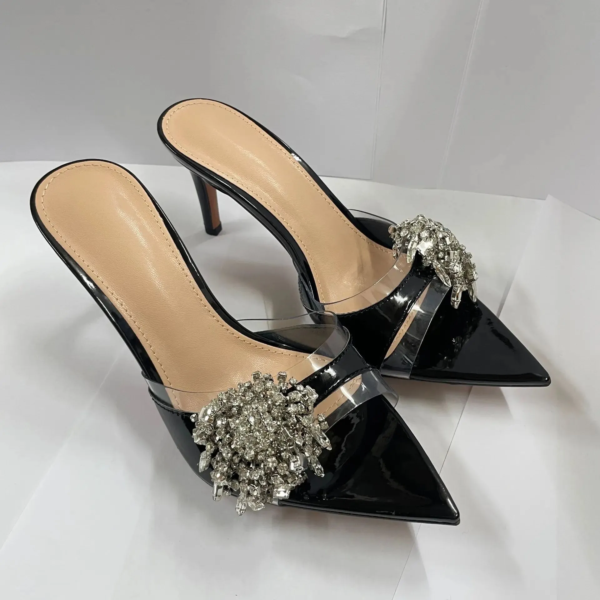 Pointed Rhinestone Flower One-strap Open Toe High Heel Sandals