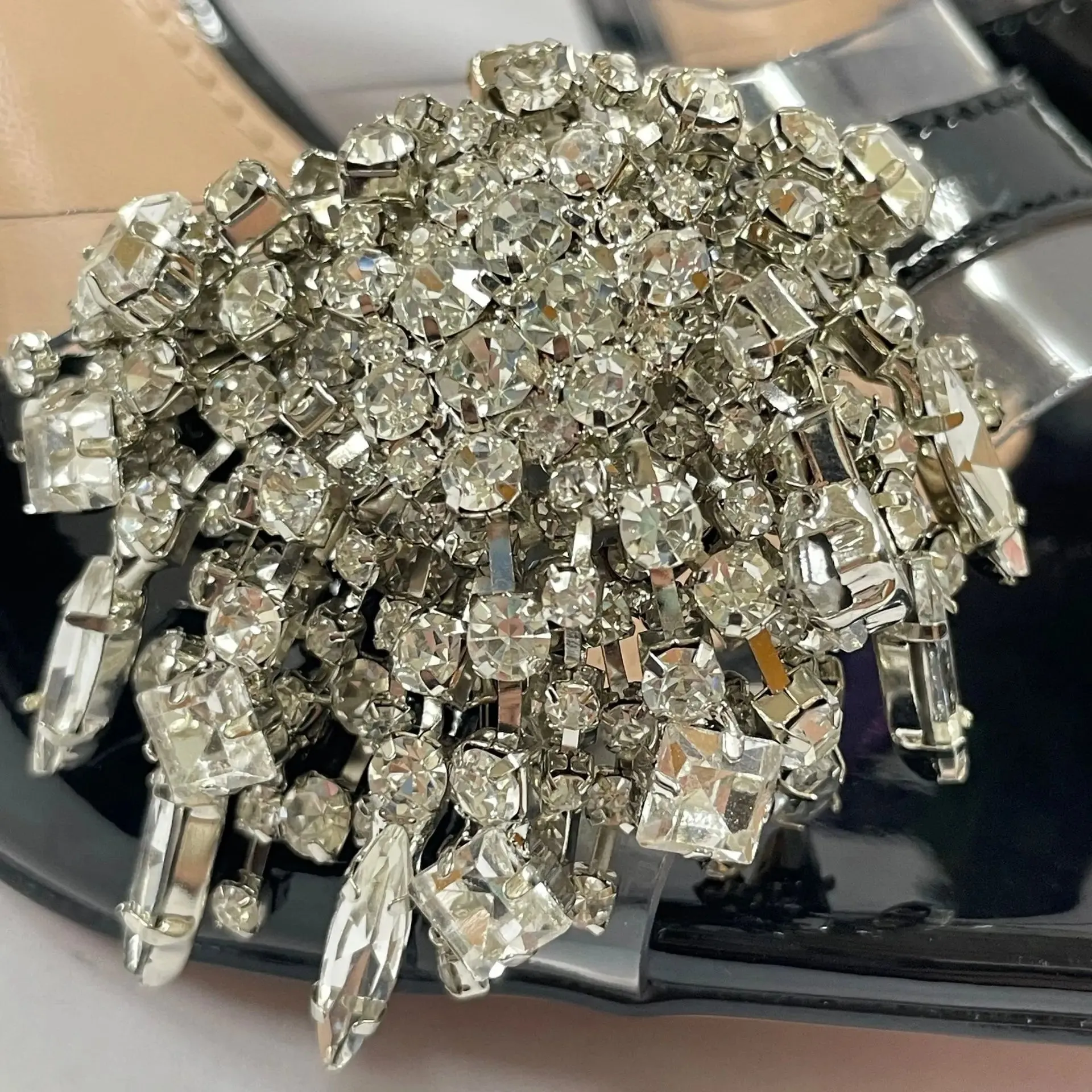 Pointed Rhinestone Flower One-strap Open Toe High Heel Sandals