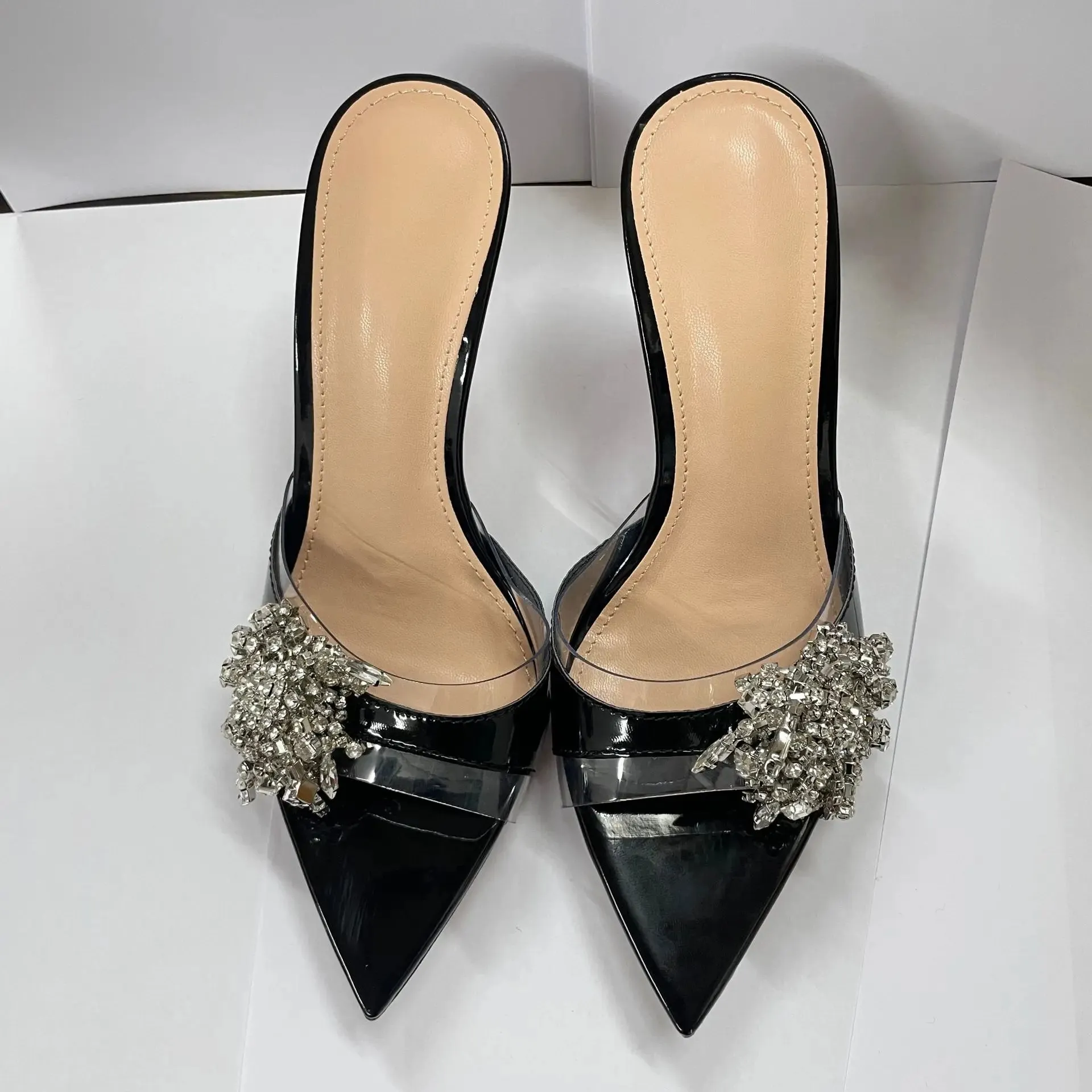 Pointed Rhinestone Flower One-strap Open Toe High Heel Sandals