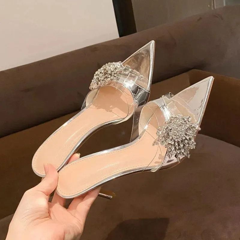 Pointed Rhinestone Flower One-strap Open Toe High Heel Sandals
