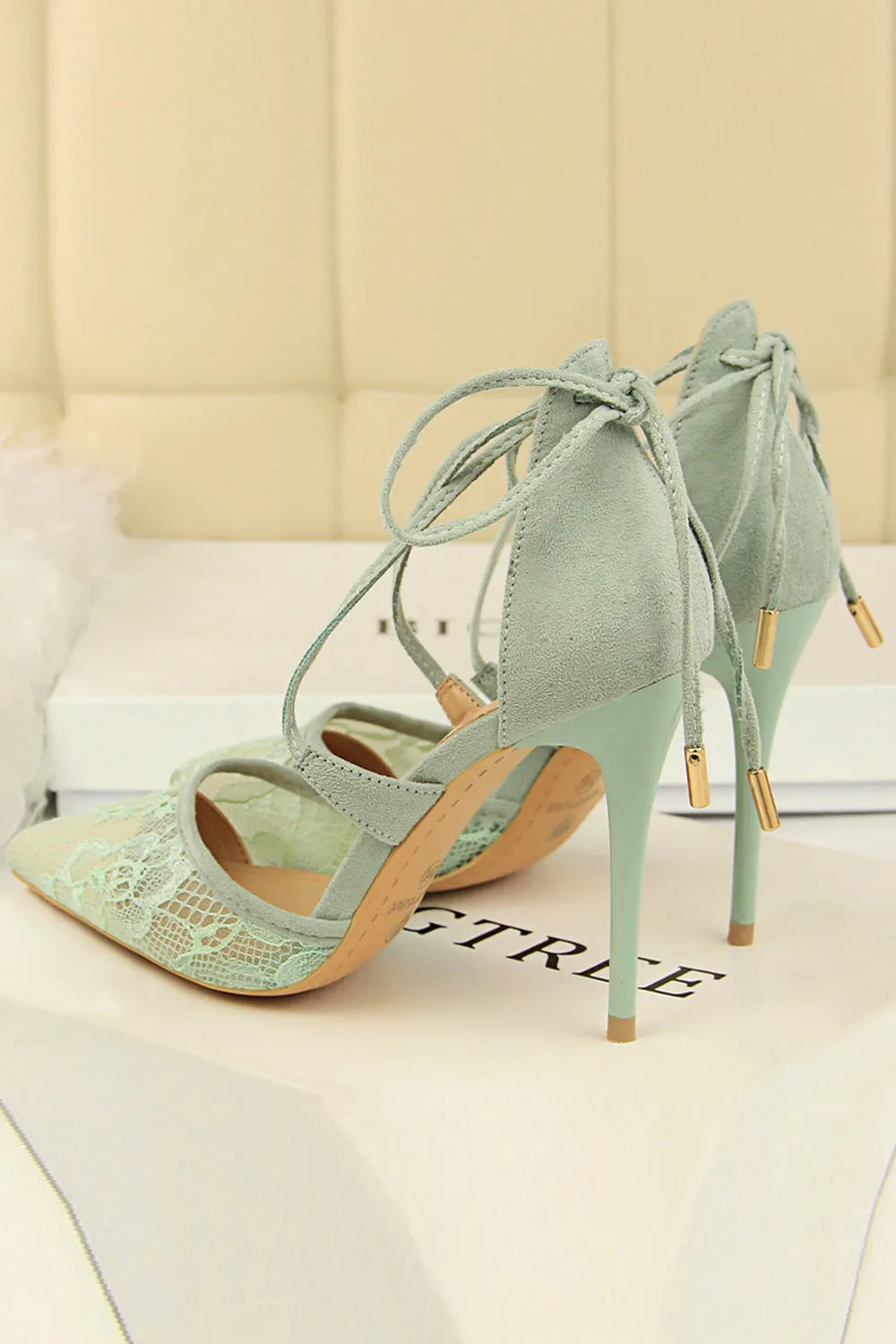 Shallow Pointed Toe Mesh Lace Cross Strap High Heels