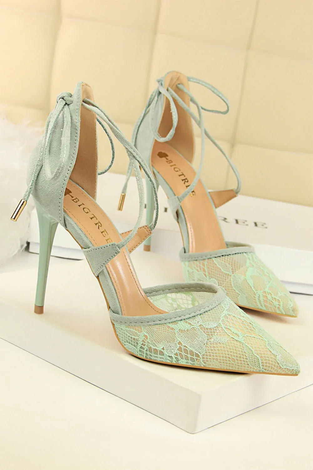 Shallow Pointed Toe Mesh Lace Cross Strap High Heels
