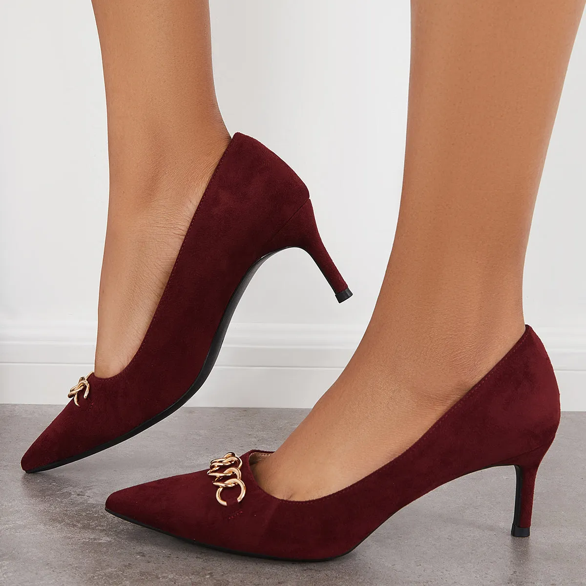 Sohiwoo woman formal Pointed Toe Kitten Heel Pumps Chain Decor Slip on Dress Shoes