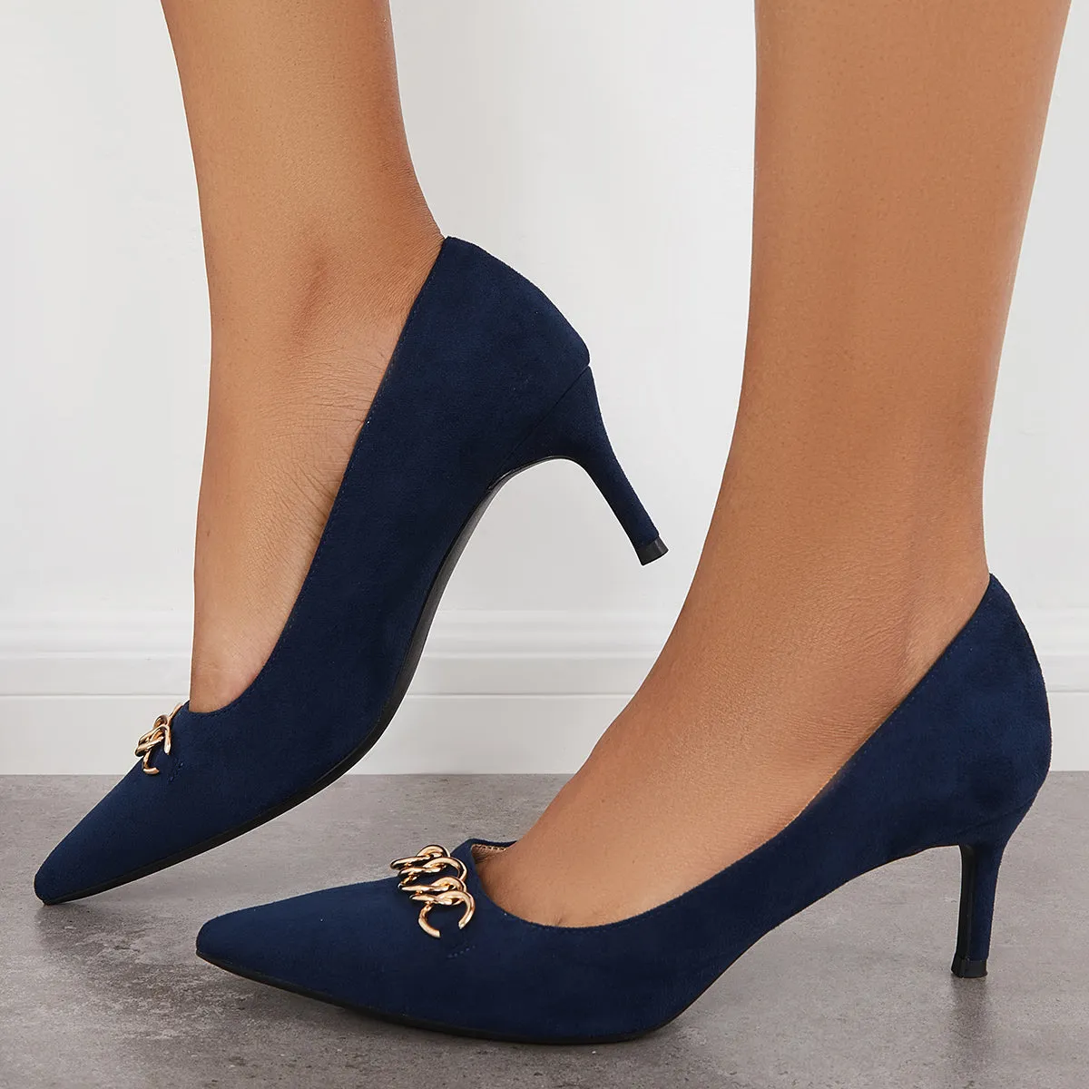 Sohiwoo woman formal Pointed Toe Kitten Heel Pumps Chain Decor Slip on Dress Shoes