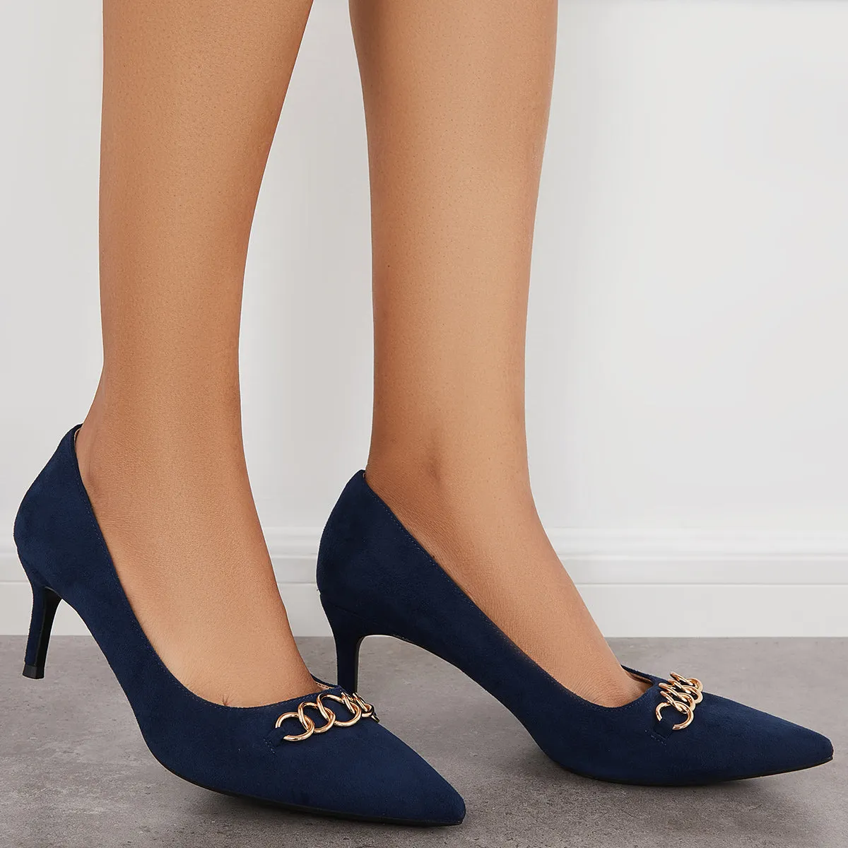 Sohiwoo woman formal Pointed Toe Kitten Heel Pumps Chain Decor Slip on Dress Shoes