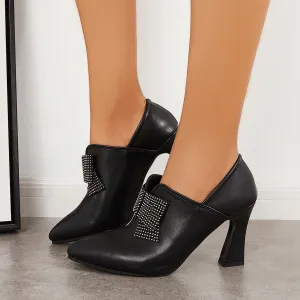 Sohiwoo woman formal Rhinestone Bowknot Solid Color Chunky Heel Dress Pumps