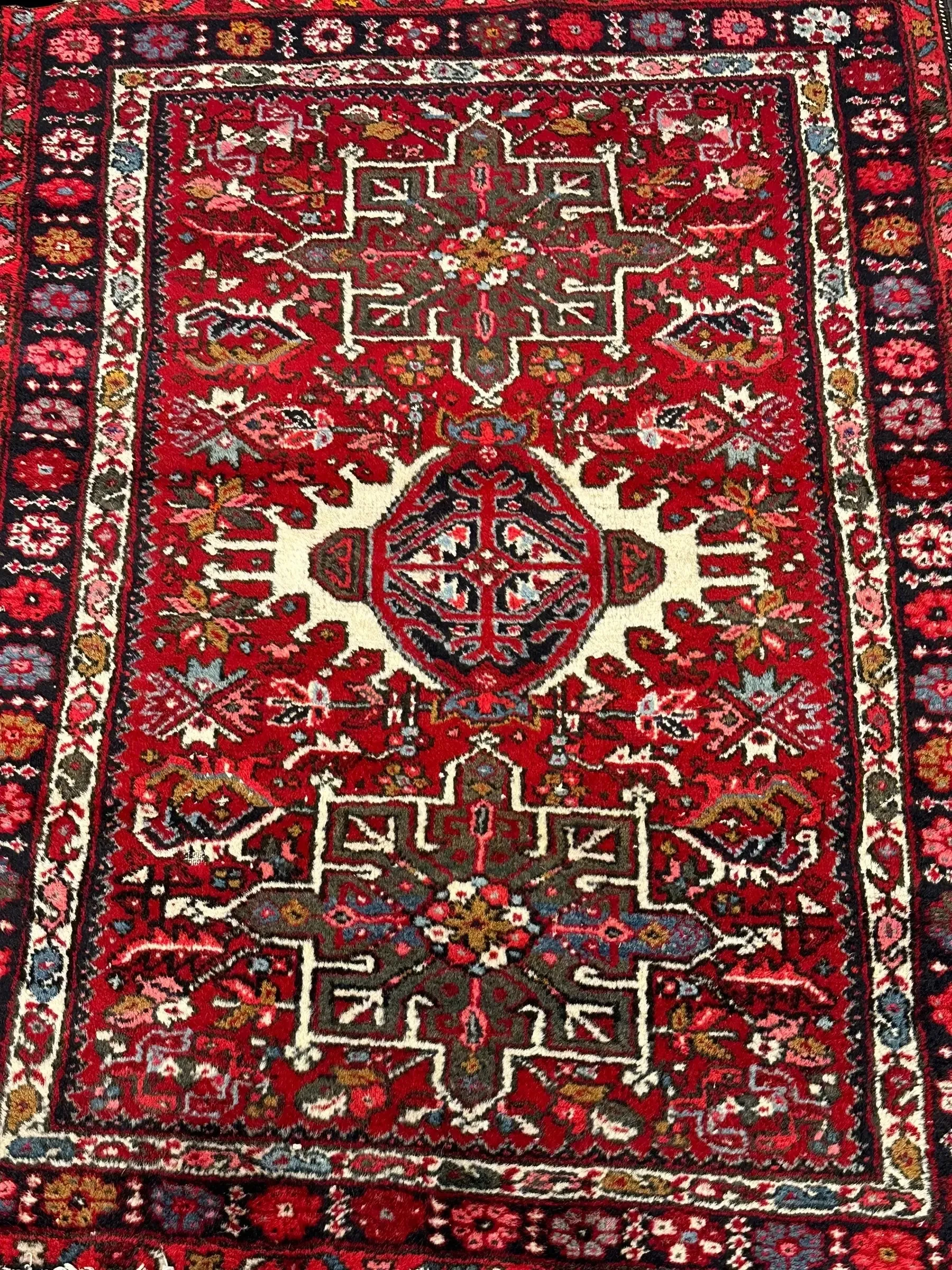 Stunning Handmade Vintage Wool Rug Red Persian Heriz Design 3'4 x 4'6