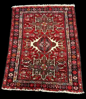 Stunning Handmade Vintage Wool Rug Red Persian Heriz Design 3'4 x 4'6