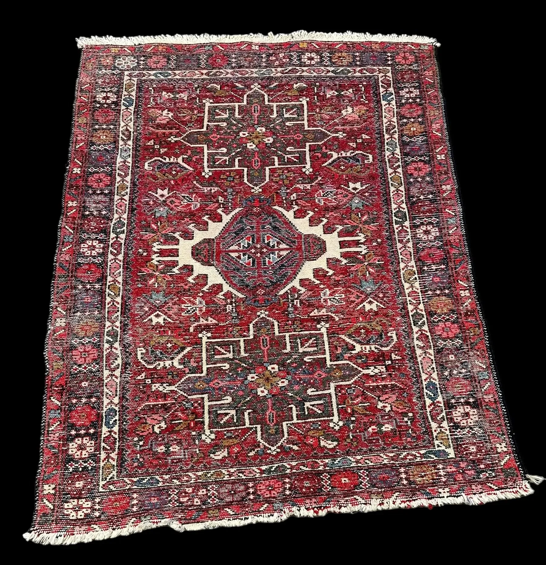 Stunning Handmade Vintage Wool Rug Red Persian Heriz Design 3'4 x 4'6