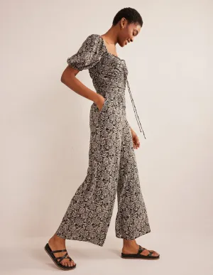Tie Neck Keyhole Jumpsuit-Black, Paisley Terrace