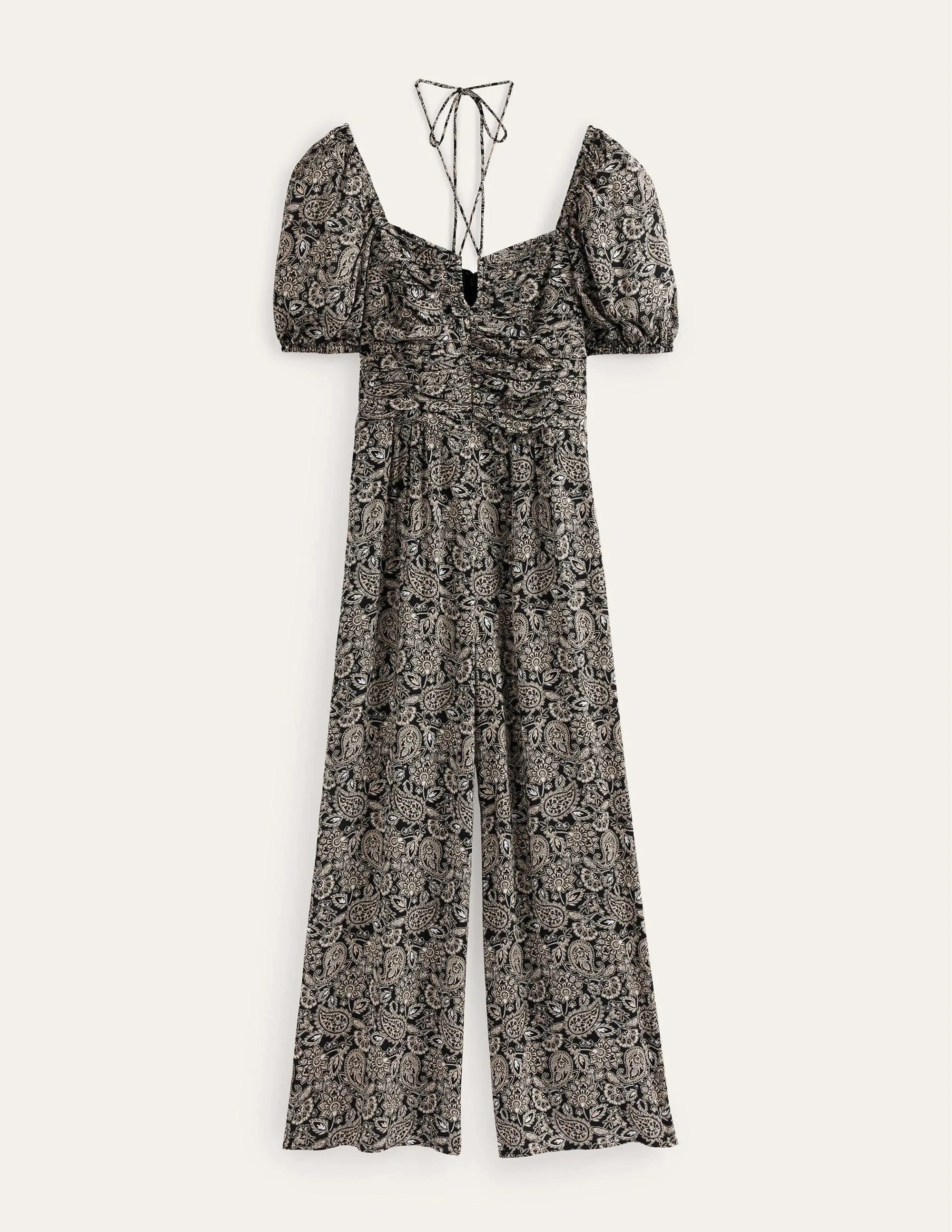Tie Neck Keyhole Jumpsuit-Black, Paisley Terrace