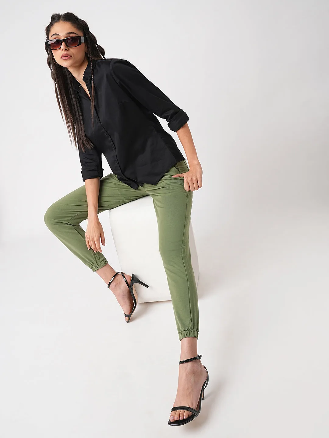 Women Olive High-Rise Denim Jogger
