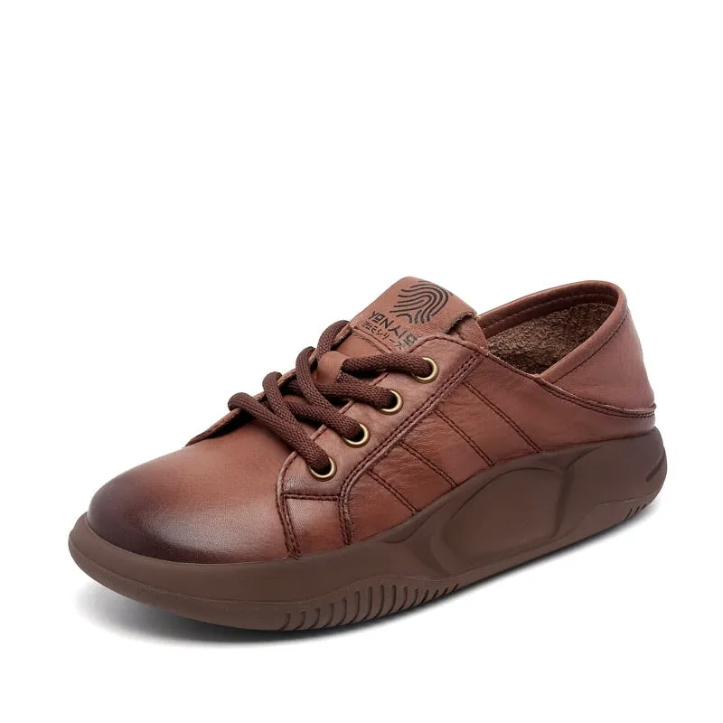 Women Round Toe Lace Up Leather Platform Oxfords in Brown/Khaki