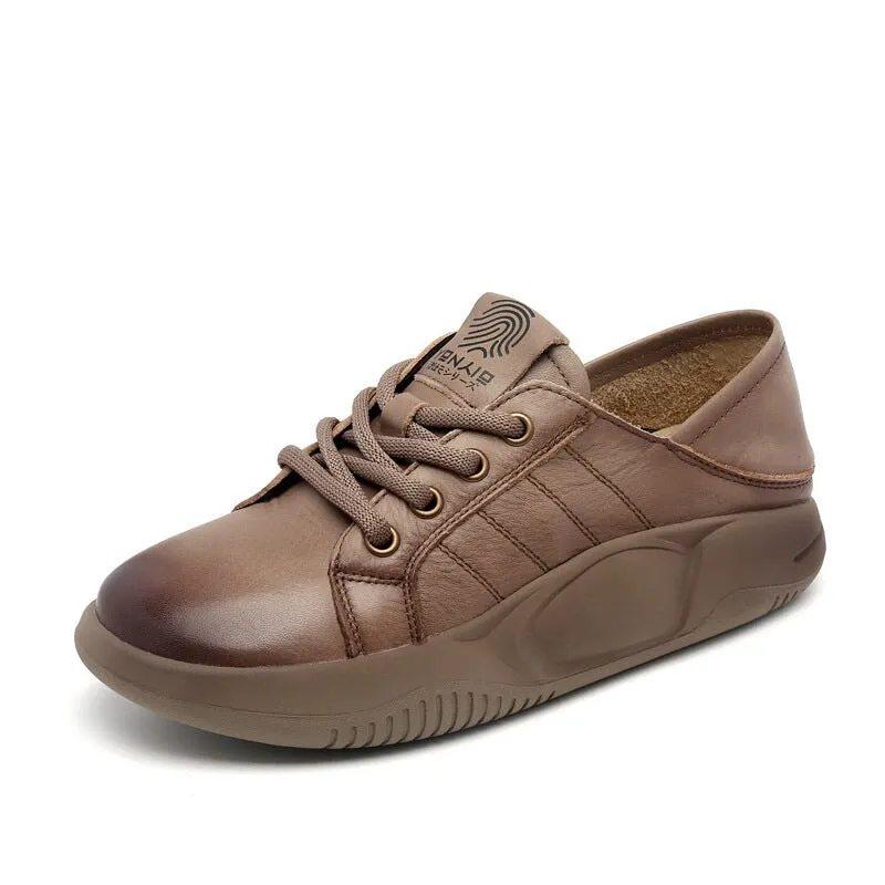 Women Round Toe Lace Up Leather Platform Oxfords in Brown/Khaki