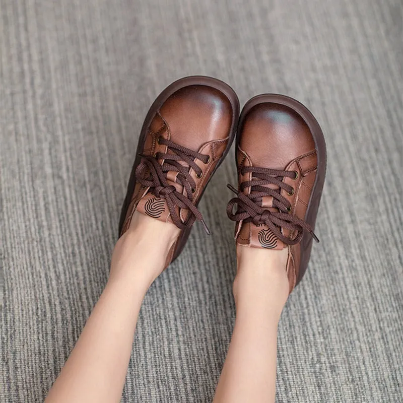 Women Round Toe Lace Up Leather Platform Oxfords in Brown/Khaki