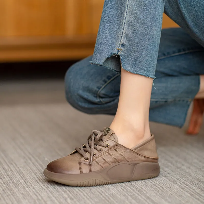 Women Round Toe Lace Up Leather Platform Oxfords in Brown/Khaki