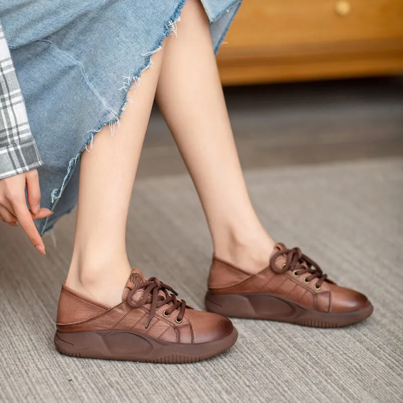 Women Round Toe Lace Up Leather Platform Oxfords in Brown/Khaki