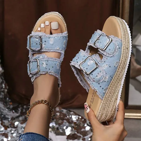 Women's Vintage Peep-Toe Casual Platform Wedge Slide Sandals 06516277C